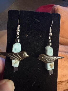 Hand Crafted Carved Stone Bird Earrings with Larimar and Hematite